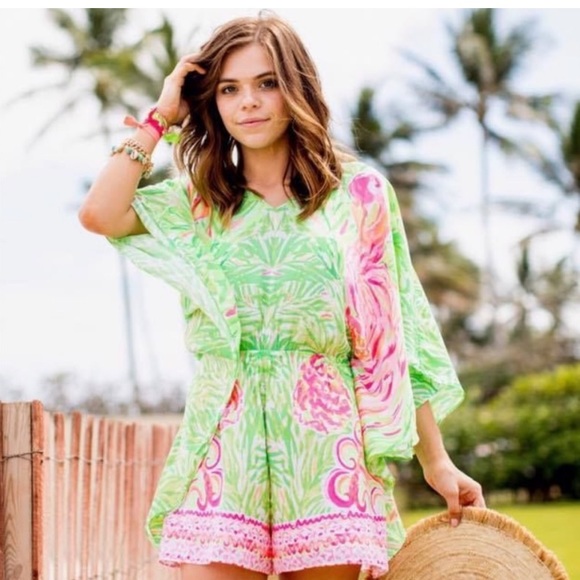 Lilly Pulitzer Pants - Rare Lilly Pulitzer Mai Romper Caftan Tiki Pink Flamingo Green Sz Large